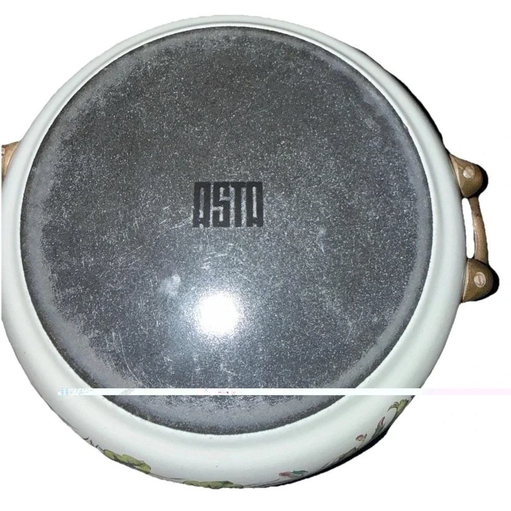 Vintage ASTA Enamelware Cooking Pot & Lid Brass Handles Pink Flowers